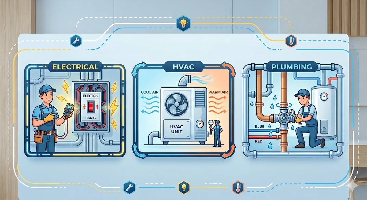 Illustration of three home service trades: electrician with circuit panel, HVAC technician with cooling unit, and plumber with pipes, connected by dotted lines.